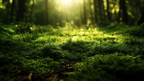 Sunlit Mossy Forest Floor in Soft Green Tones, Nature Photography.