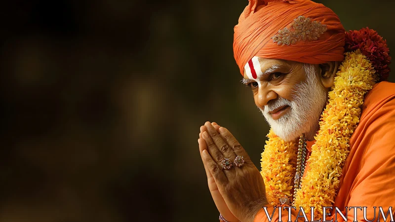 Photorealistic portrait of Hindu holy man in warm bokeh field.