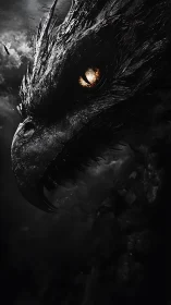 Midnight obsidian raven with ember eye watching worlds burn.