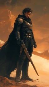 Armored desert warrior standing with rifle in dunes.