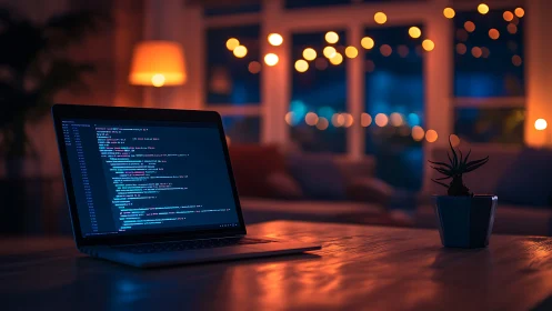 Laptop with code in cozy bokeh lit living room workspace