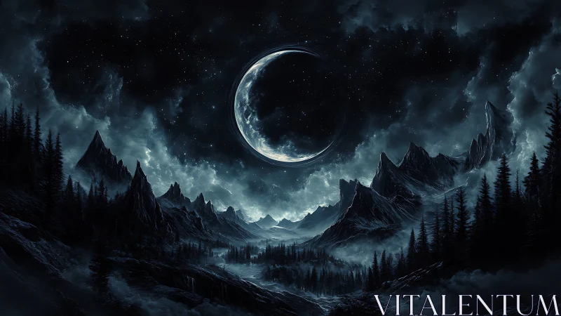 Crescent moon above dark alpine valley under star field.