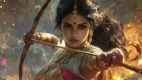 Warrior goddess archer blazing through molten dusk light.