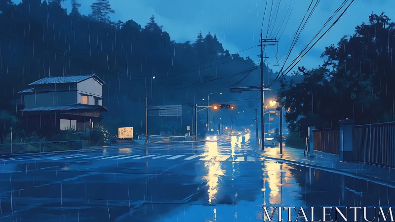 Rain-soaked rural intersection reflects sodium streetlights at dusk