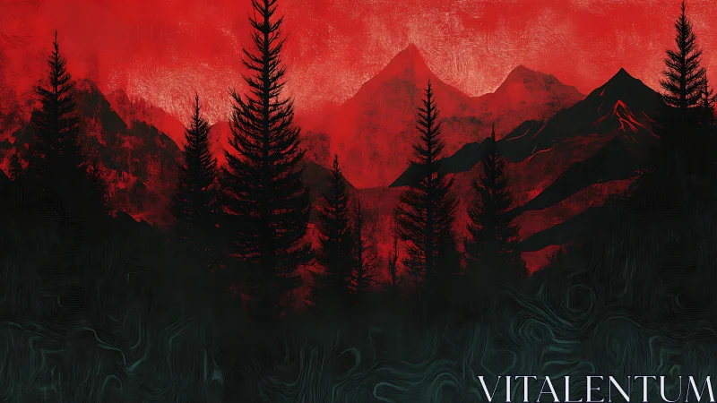 Crimson mountains rise behind dark pines in bold contrast