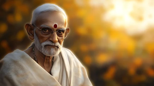 Elderly Indian man in white shawl under warm sunset bokeh.