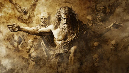 Elderly bearded figure extends arms amid skulls and spirits