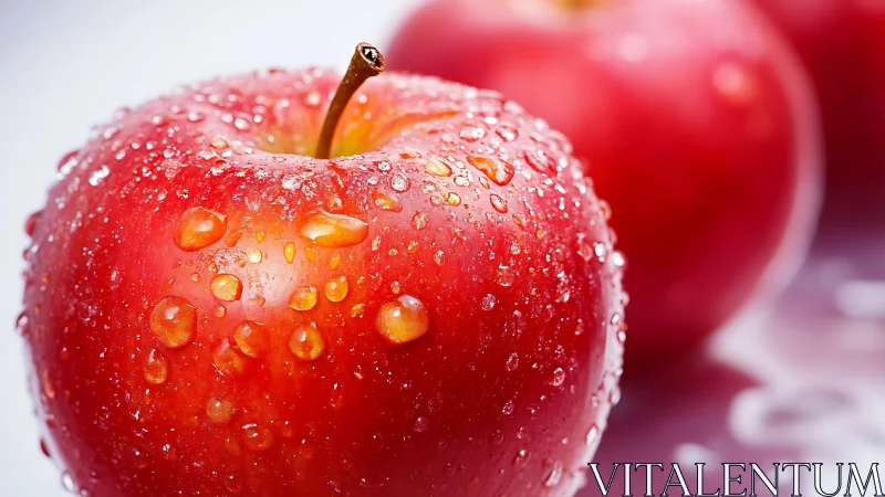Morning-kissed crimson apples lined in glistening parade.