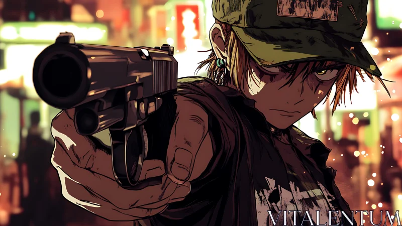 Hardened youth in cap points handgun toward viewer in night city