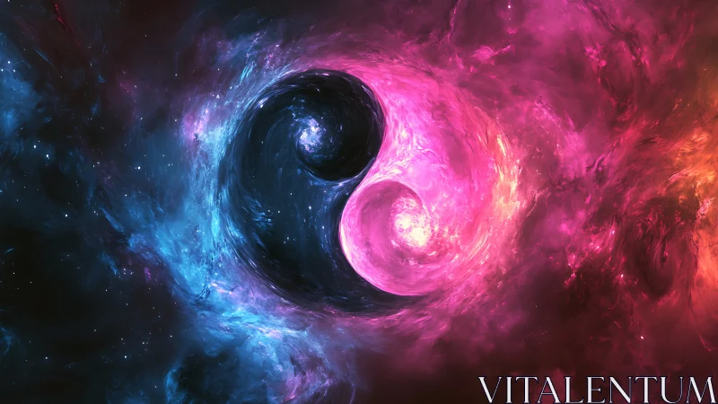 Cosmic yin yang swirling in neon nebula turbulence.