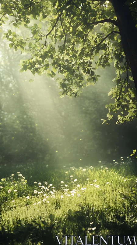 Sunlit woodland clearing with daisies and soft morning haze.