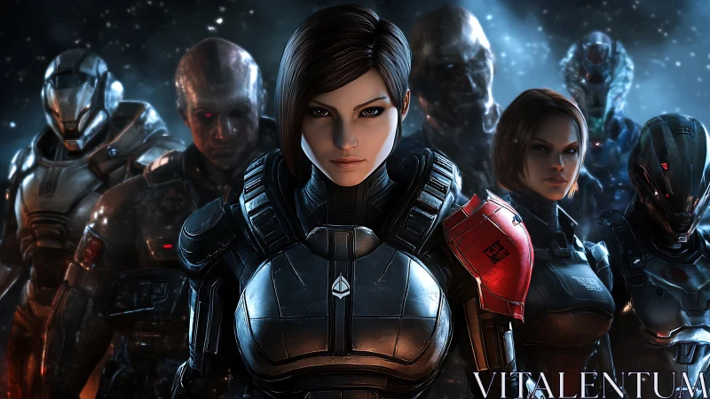 Futuristic armored squad lineup in deep space environment.