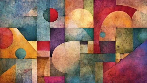 Textured geometric abstraction with intersecting circles and planes