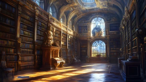 Grand baroque library hall with sunlight streaming in