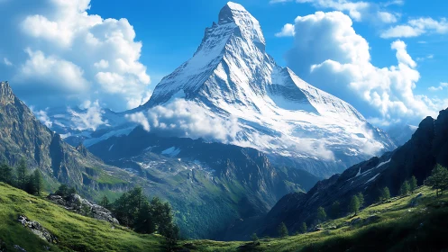 Sunlit alpine peak rising above bright green valleys.