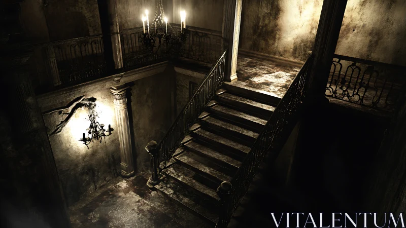 Decayed interior staircase under dim chandelier lighting