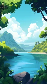 Tranquil Mountain Lake Framed by Lush Tropical Vegetation and Sky
