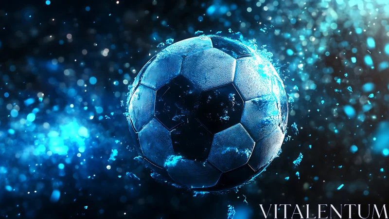 Soccer ball in blue particle field with illuminated details.