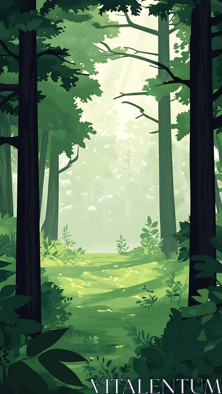 Forest clearing rendered with layered vegetation and atmospheric depth perspective.