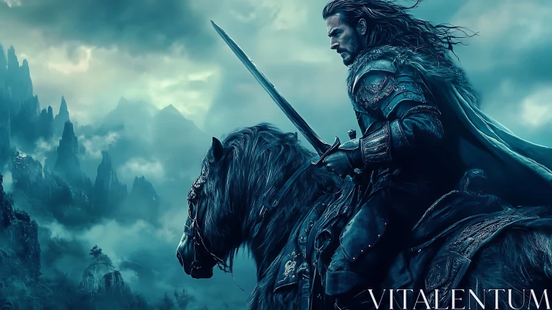 Lone armored rider gazing over misty fantasy highlands.