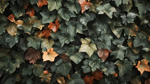 Overlapping ivy foliage records subtle autumn chromatic shift