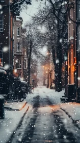 Snowy city street glows under warm evening lamplight.