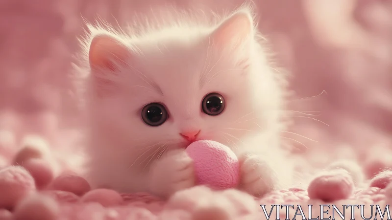 Adorable White Kitten Playing with Soft Pink Ball