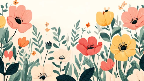 Vibrant Floral Garden with Delicate Blooms and Green Foliage