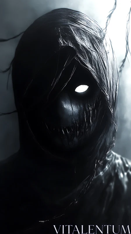 Hooded dark figure with single glowing eye is centrally framed