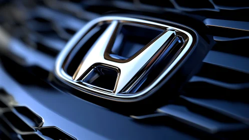 Close-up view of polished chrome car grille emblem detail.