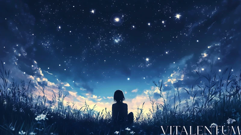 Girl sitting in twilight meadow under star filled night sky.