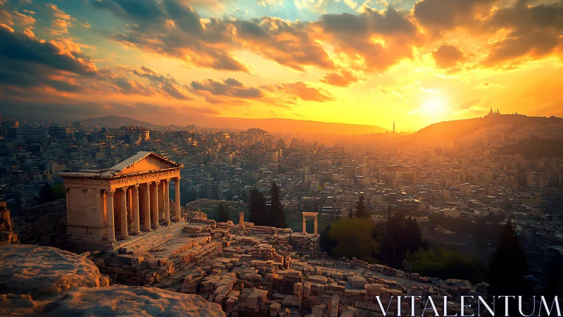 Ancient hilltop temple above dense modern city at sunset.