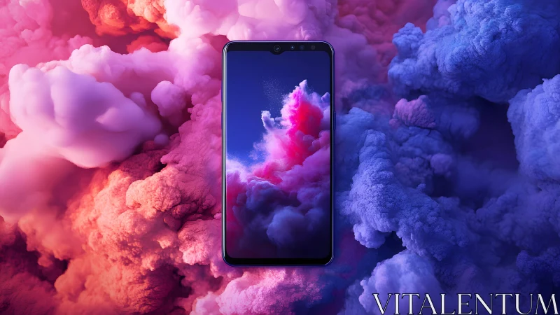 Modern smartphone surrounded by vibrant colored clouds, digital art.