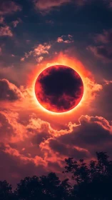 High-contrast solar eclipse with fiery corona over silhouetted forest