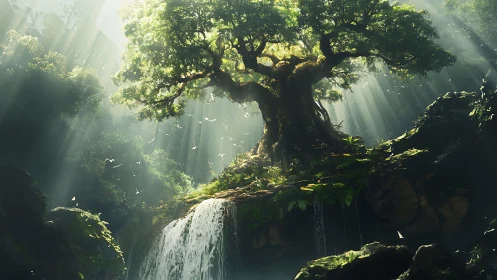 Ancient tree crowns luminous waterfall in misted forest gorge