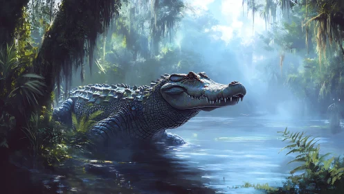 Bioluminescent crocodilian emerging through volumetric swamp light.