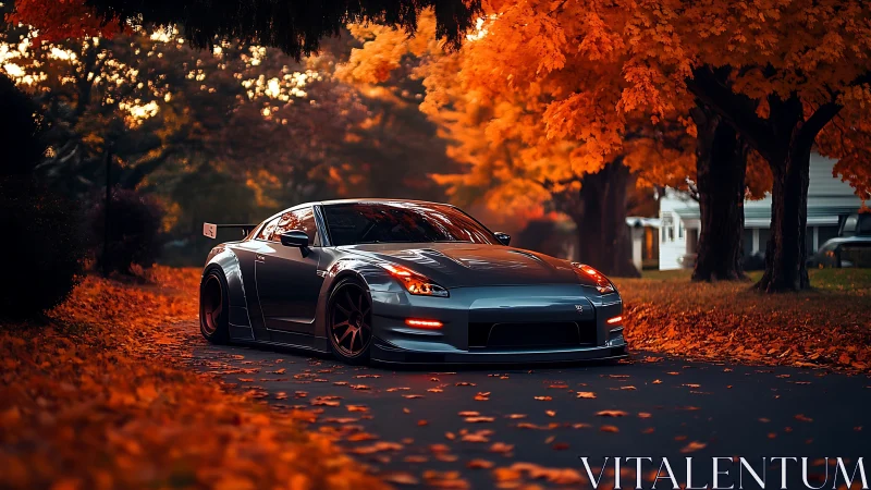 Sleek sports car glides through a cozy tunnel of autumn color