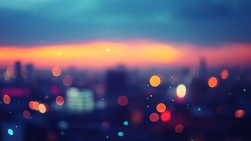 Defocused urban skyline with shallow depth bokeh and dusk gradient