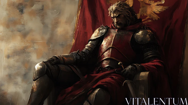 Armored monarch in red standard throne composition study.