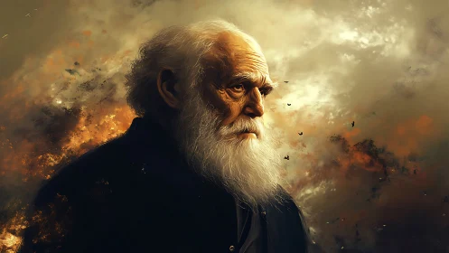 Elderly bearded man portrait amid stormlit ochre cloudscape