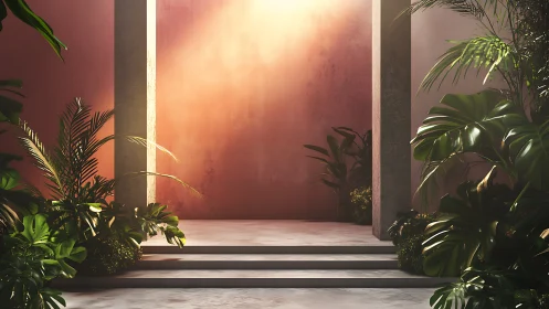 Sunlit doorway embraced by lush tropical greenery.