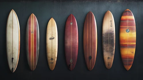 Surfboards are vertically aligned against a dark wall
