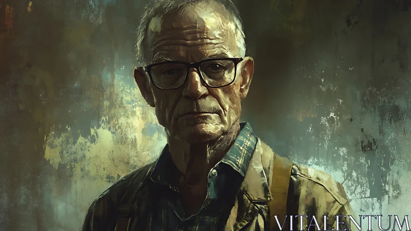 Older male subject stands against textured painted backdrop