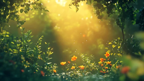 Sunlit garden glade with glowing orange wildflowers beneath canopy.