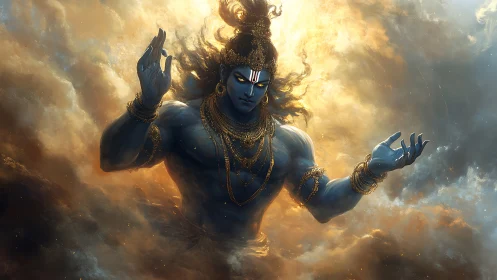 Digital painting of celestial blue deity amid radiant clouds.
