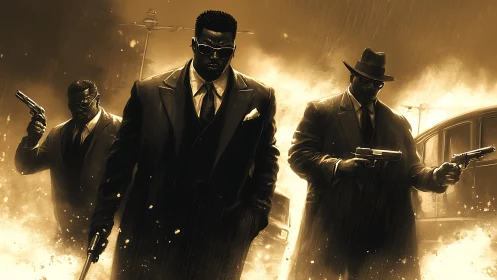 Three armed men walk through flames in stylized urban rain