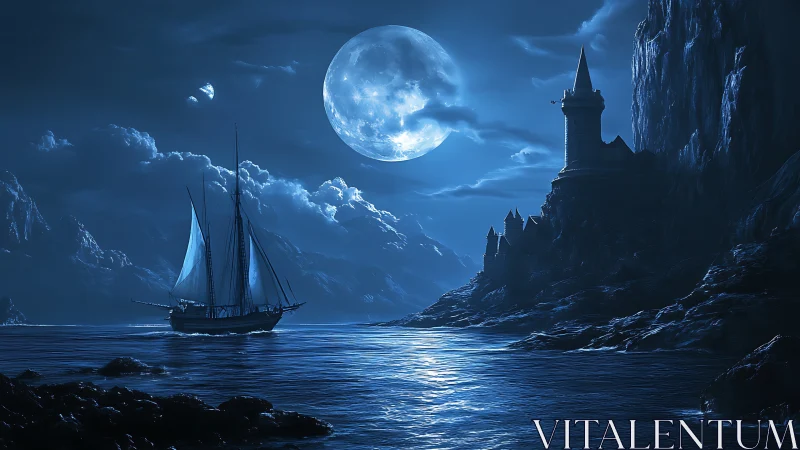 Moonlit schooner approaching cliffside fantasy fortress.