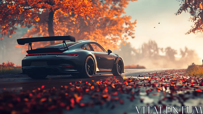 Sport coupe on misty autumn road with vivid foliage.