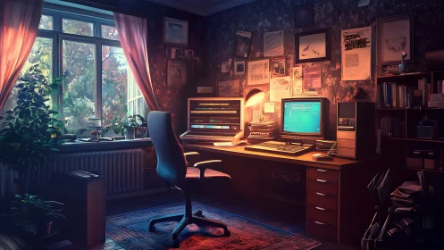 Cozy home office with dual retro computer workstation setup.