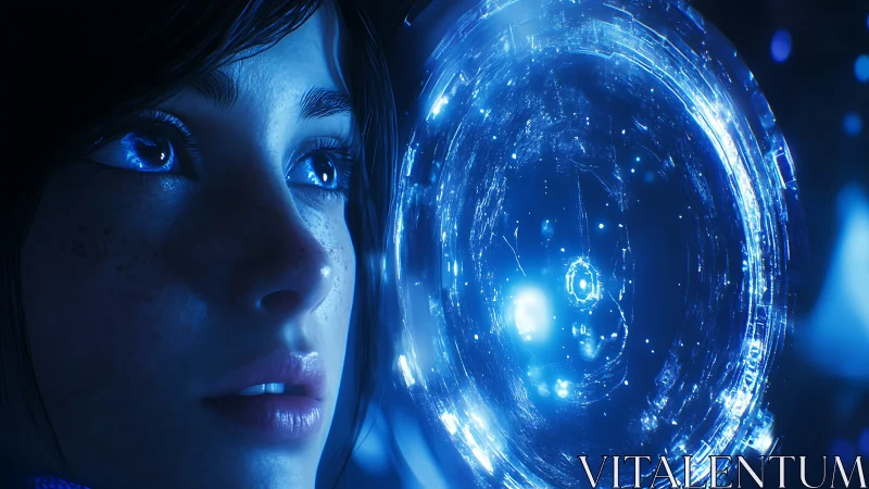 Starlit hacker girl gazes into a swirling neon data portal.